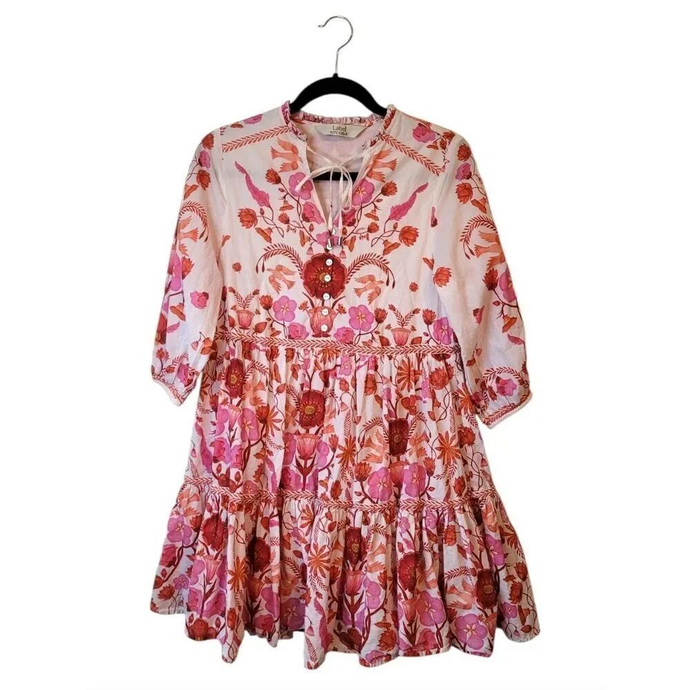 Label Ritu Kumar Pink & Rust Floral Tie-Neck Dress Size L